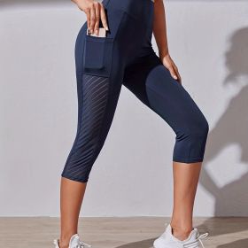 High Waist Yoga Capri Pants, Tummy Control Sports Legging Capri For Women With Out Pockets And Mesh Design - Navy Blue - L(8/10)